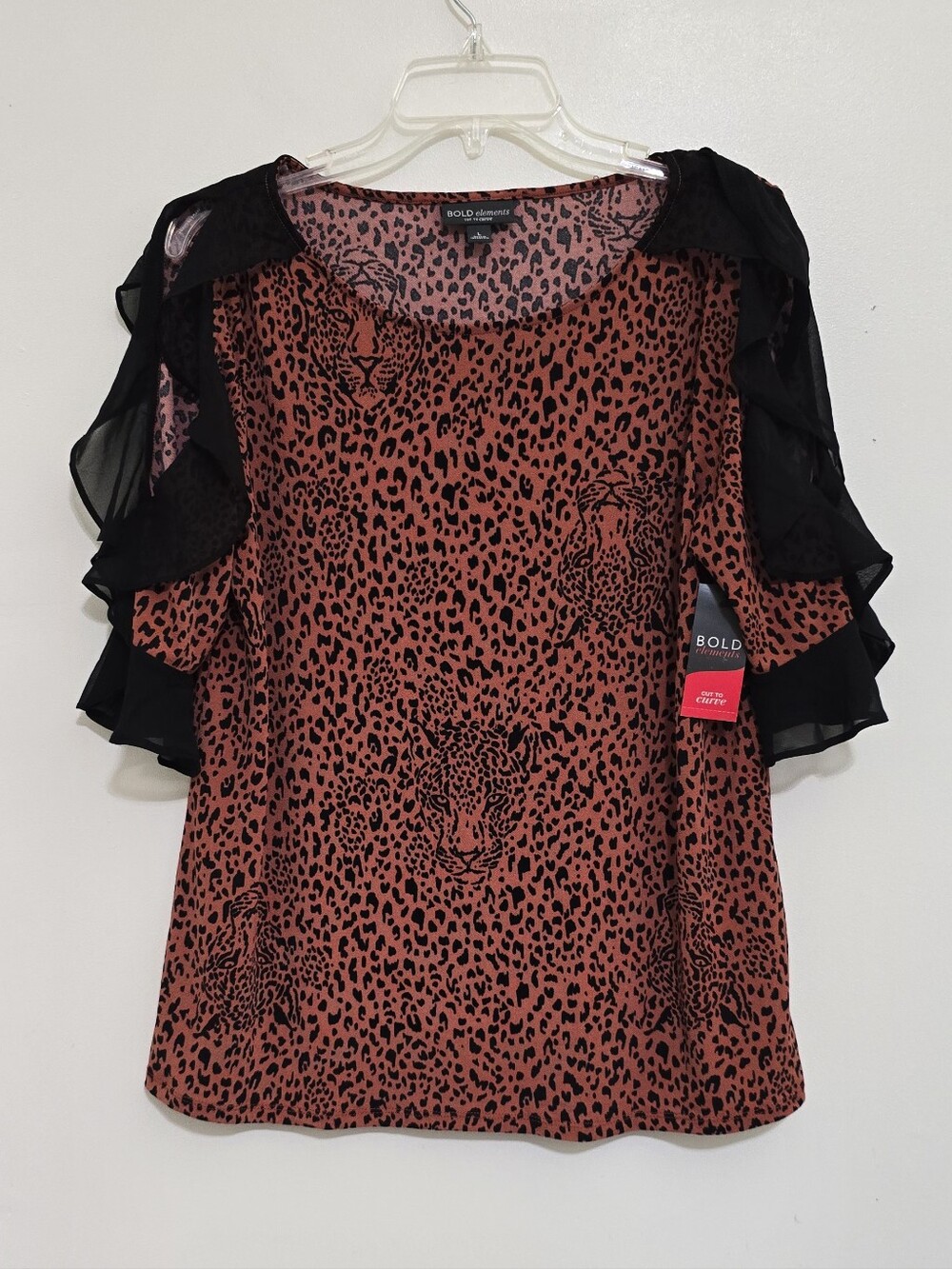 new BOLD ELEMENTS size Large Animal Print Ruffle Sheer Mesh Slit Sleeves Blouse